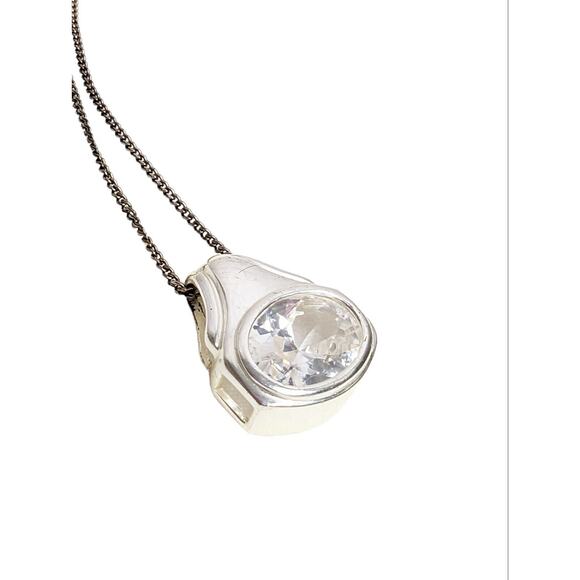 925 Sterling Silver Chain Pendant Necklace with CZ Cubic Zirconia Cabochon Inlay - Picture 1 of 6